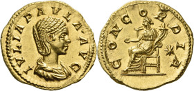 Julia Paula, first wife of Elagabalus. 

Aureus 219-220, AV 20 mm, 6.17 g. IVLIA PAVLA AVG Draped bust r., hair in waves, almost vertical, fastened ...