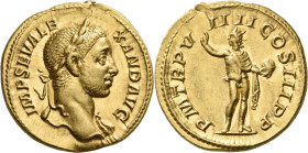 Severus Alexander, 222 – 235.

Aureus 230, AV 20 mm, 6.26 g. IMP SEV ALE – XAND AVG Laureate bust r., with slight drapery on l. shoulder. Rev. P M T...