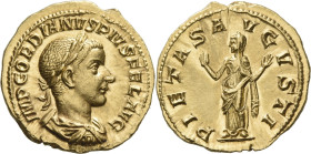 Gordian III, 238 – 244.

Aureus 241, AV 19 mm, 4.76 g. IMP GORDIANVS PIVS FELIX AVG Laureate, draped and cuirassed bust r. Rev. PIETAS AVGVSTI Pieta...