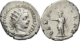 Pacatian, usurper 248 – 249. 

Antoninianus, Viminacium 248-249, AR 23 mm, 4.94 g. IMP TI CL MAR PACATIANVS P F AV Radiate, draped and cuirassed bus...