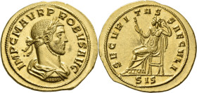 Probus, 276 – 282.

Aureus, Siscia 276-282, AV 22 mm, 6.69 g. IMP C M AVR P – ROBVS AVG Laureate, draped and cuirassed bust r. Rev. SECVRITAS SAECVL...