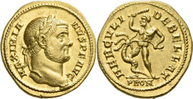 Maximianus Herculius, 286 – 310.

Aureus 294, AV 18 mm, 5.99 g. MAXIMIA – NVS P F AVG Laureate head r. Rev. HERCVL – I DEBELLAT Hercules standing l....