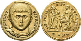 Maxentius augustus, 307 – 312.

Aureus, Ostia circa 310-312, AV 19 mm, 5.24 g. MAXENTI – VS P F AVG Bare-headed, draped and cuirassed bust facing. R...