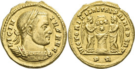 Licinius I augustus, 308 – 324. 

Solidus 315, AV 17 mm, 4.23 g. LICIN – IVS AVG Laureate and cuirassed bust r. Rev. VICTORIAE LAETAE PRINC PERP Two...