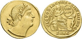 Constantine I augustus, 307 – 337.

Solidus, Nicomedia 335, AV 22 mm, 4.29 g. Rosette-diademed head, looking upwards. Rev. VICTORIA CONSTANTINI AVG ...
