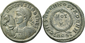 Crispus caesar, 316 – 326. 

Follis Aquilea 320, Æ 18 mm, 3.01 g. CRISPVS NOB CAES Laureate and cuirassed bust l., shield on l. arm, holding horse b...