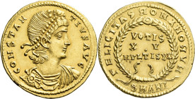 Constantius II augustus, 337 – 361. 

Solidus, Antiochia 337-347, AV 22 mm, 4.45 g. CONSTAN – TIVS AVG Pearl-diademed, draped and cuirassed bust r. ...