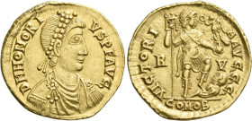 Honorius, 393-423. 

Solidus, Ravenna 402-403, 405-406, AV 21 mm, 4.48 g. D N HONORI – VS P F AVG Pearl-diademed, draped and cuirassed bust r. Rev. ...