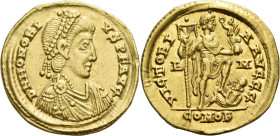 Honorius, 393-423. 

Solidus circa 404-408, AV 21 mm, 4.41 g. D N HONORI – VS P F AVG Pearl-diademed, draped and cuirassed bust r. Rev. VICTORI – A ...