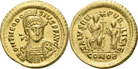 Theodosius II, 402 – 450. 

Solidus, Constantinople 424-425, AV 21 mm, 4.47 g. D N THEODO – SIVS P F AVG Helmeted, diademed and cuirassed bust three...
