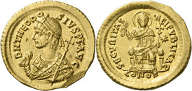 Theodosius II, 402 – 450. 

Solidus, Constantinople circa 439, AV 20 mm, 4.49 g. D N THEODO – SIVS P F AVG Pearl-diademed, wearing consular robes l....