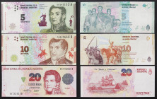 Argentina, Republic (1816-date), Lot 3 pcs. 20 Pesos. 2003-15, Slightly wavy corner, Pick 355, 359, 360, UNC