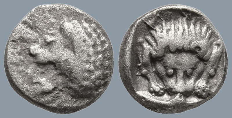 SATRAPS of CARIA. Hekatomnos (392-376 BC).
AR Hemiobol (7.6mm 0.51g)
Obv: Fore...
