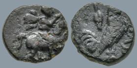 TROAS. Dardanos. (4th century BC).
AE Bronze (10.7mm 1.39g)
Obv: Horseman galloping right, wearing petasos.
Rev: ΔΑΡ. Cock standing right; barley-g...