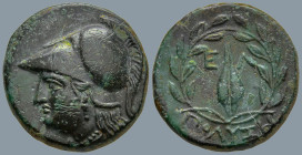 AEOLIS. Elaia. (Circa 4th-3rd centuries BC). Polyxe-, magistrate.
AE Bronze (15.7mm 3.09g)
Obv: Helmeted head of Athena left.
Rev: Ε - Λ. Grain wit...