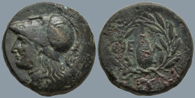 AEOLIS. Elaia. (Circa 340-300 BC).
AE Brozne (19.7mm 7.36g)
Obv: Helmeted head of Athena to left
Rev: Barley-grain, E-Λ across fields; all within l...