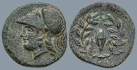 AEOLIS. Elaia. (Circa 340-300 BC).
AE Brozne (12.2mm 1.03g)
Obv: Helmeted head of Athena to left
Rev: Barley-grain, E-Λ across fields; all within l...