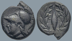 AEOLIS. Elaia. (Circa 340-300 BC).
AE Brozne (10.8mm 1.06g)
Obv: Helmeted head of Athena to left
Rev: Barley-grain, E-Λ across fields; all within l...