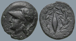 AEOLIS. Elaia. (Circa 340-300 BC).
AE Bronze (12mm 1.16g)
Obv: Helmeted head of Athena to left
Rev: Barley-grain, E-Λ across fields; all within lau...