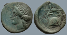 CARIA. Halikarnassos. (Circa 400-380 BC)
AE Chalkous (12mm 1.29g)
Obv: Head of Apollo left.
Rev.: Lyre.
SNG Kayhan 761.