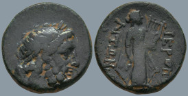 PHRYGIA. Hierapolis. (1st centuries BC)
AE Bronze (17.9mm 3.87g)
Obv: Head of Zeus right.
Rev: IEPAΠOΛITΩN. Apollo? standing right with lyre; monog...