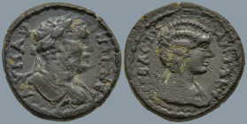 SYRIA. Cyrrhestica. Hieropolis. Caracalla, with Julia Domna (198-217 AD)
AE Bronze (19.5mm 4.15g)
Obv: Laureate head right.
Rev: Draped and diademe...