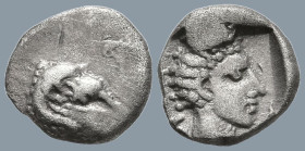 CARIA. Kasolaba. (4th century BC)
AR Hemiobol (8.2mm 0.48g)
Obv: Head of ram right.
Rev: Young male head right; Carian letter to left and right.
K...