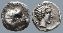 CARIA. Kasolaba. (4th century BC)
AR Hemiobol (8mm 0.5g)
Obv: Head of ram right.
Rev: Young male head right; Carian letter to left and right.
Konu...