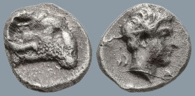 CARIA. Kasolaba. (4th century BC)
AR Hemiobol (7.5mm 0.47g)
Obv: Head of ram right.
Rev: Young male head right; Carian letter to left and right.
K...