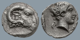 CARIA. Kasolaba. (4th century BC)
AR Hemiobol (7.3mm 0.46g)
Obv: Head of ram right.
Rev: Young male head right; Carian letter to left and right.
K...