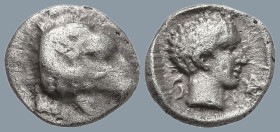 CARIA. Kasolaba. (4th century BC)
AR Hemiobol (7.6mm 0.49g)
Obv: Head of ram right.
Rev: Young male head right; Carian letter to left and right.
K...