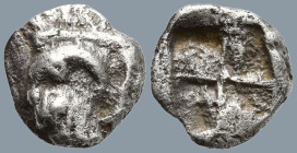 TROAS, Kebren(?). (Late 6th-early 5th centuries BC)
AR Obol (10mm 0.81g)
Obv: Ram’s head left; below, tunny fish right
Rev: Quadripartite incuse sq...