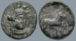 IONIA. Klazomenai. (4th Century BC)
AE Bronze (12.1mm 1.78g)
Obv: Bust of Athena three-quarters right, wearing triple-crested helmet
Rev: Ram stand...