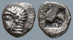 IONIA. Kolophon. (Late 6th century BC).
1/24 Stater or Hemiobol (6.7mm 0.34g)
Obv: Archaic head of Apollo left.
Rev: Incuse square punch.
SNG Kayh...
