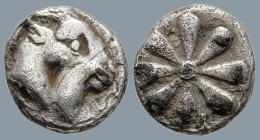 AEOLIS. Kyme. (4th century BC)
AR Obol (8mm 0.43g)
Obv: Head of goat to right
Rev: Rosette
Unpublished in the standard references; for other speci...