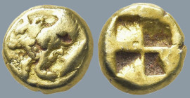 MYSIA. Kyzikos. (Circa 550-450 BC)
EL Hemihekte (8.3mm 1.37g)
Obv: Forepart of winged bull left; below, tunny left
Rev: Quadripartite incuse square...