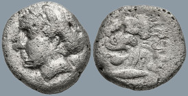 MYSIA. Kyzikos. (Circa 390-340 BC)
AR Drachm (14.9mm 2.96g)
Obv: ΣΩTEIPA. Head of Kore Soteira left, with hair in sphendone
Rev: KYZI. Head of lion...