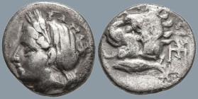 MYSIA. Kyzikos. (Circa 390-340 BC)
AR Drachm (14.5mm 2.6g)
Obv: ΣΩTEIPA. Head of Kore Soteira left, with hair in sphendone
Rev: KYZI. Head of lion ...