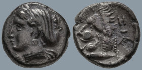 MYSIA. Kyzikos. (Circa 390-341 BC).
AR Drachm (14.7mm 3.04g)
Obv: ΣΩTEIPA. Head of Kore Soteira left, with hair in sphendone.
Rev: KYZI. Head of li...