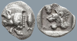 MYSIA. Kyzikos. (Circa 450-400 BC).
AR Hemiobol (8.7m 0.4g)
Obv: Forepart of a boar left, retrograde K on its shoulder; to right, tunny upward.
Rev...