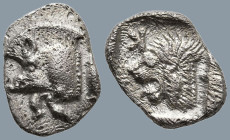 MYSIA. Kyzikos. (Circa 450-400 BC)
AR Obol (10.3mm 0.8g)
Obv: Forepart of boar left; tunny to right.
Rev: Head of roaring lion left; retrograde K i...