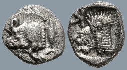 MYSIA. Kyzikos. (Circa 450-400 BC)
AR Obol (9mm 0.78g)
Obv: Forepart of boar left; tunny to right.
Rev: Head of roaring lion left; retrograde K in ...