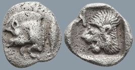 MYSIA. Kyzikos. (Circa 450-400 BC)
AR Obol (10.3mm 0.78g)
Obv: Forepart of boar left; tunny to right.
Rev: Head of roaring lion left; retrograde K ...