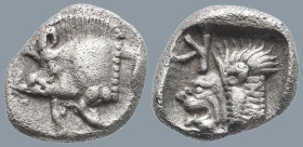 MYSIA. Kyzikos. (Circa 450-400 BC)
AR Obol (9.1mm 0.82g)
Obv: Forepart of boar left; tunny to right.
Rev: Head of roaring lion left; retrograde K i...