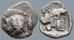 MYSIA. Kyzikos. (Circa 450-400 BC)
AR Obol (8.8mm 0.73g)
Obv: Forepart of boar left; tunny to right.
Rev: Lion's head left, with open jaws and tong...
