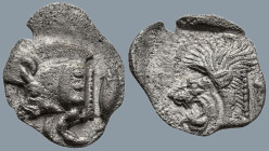 MYSIA. Kyzikos. (Circa 450-400 BC)
AR Obol (11.8mm 0.75g)
Obv: Forepart of boar left, with E (retrograde) on shoulder; to right, tunny upward.
Rev:...