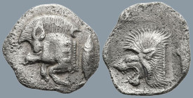 MYSIA. Kyzikos. (Circa 450-400 BC)
AR Obol (11.8mm 0.75g)
Obv: Forepart of boar left, with E (retrograde) on shoulder; to right, tunny upward.
Rev:...