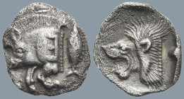 MYSIA. Kyzikos. (Circa 450-400 BC)
AR Obol (11.5mm 0.74g)
Obv: Forepart of boar left, with E (retrograde) on shoulder; to right, tunny upward.
Rev:...