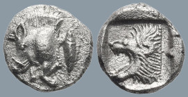 MYSIA. Kyzikos. (Circa 450-400 BC)
AR Obol (8.2mm 0.56g)
Obv: Forepart of boar left; to right, tunny upward
Rev: Head of roaring lion left within i...