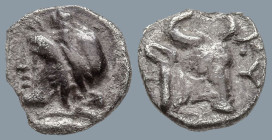MYSIA. Kyzikos. ( Circa 450-400 BC).
AR Hemiobol (7.2mm 0.36g)
Obv: Head of Attis to left, wearing Phrygian cap; below, tunny fish to left
Rev: Hea...